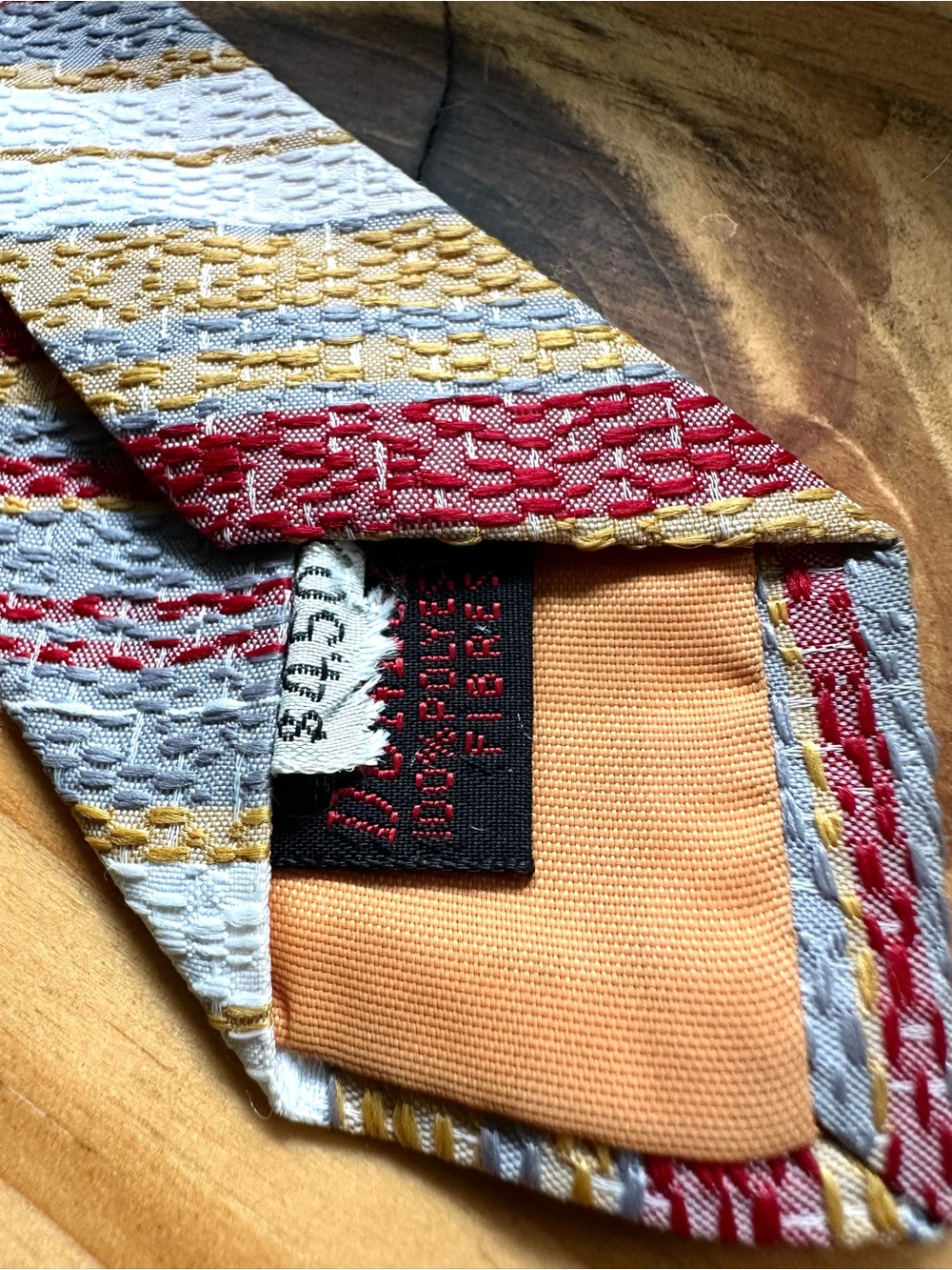1970's Bachrach Wide Striped Tie in Cream, Red & Light Blue - Picture 6 of 7